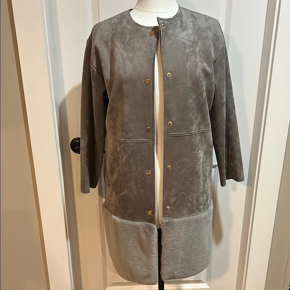 Zara Gray Faux suede and Faux Fur combination coat with Soft Collarless Design